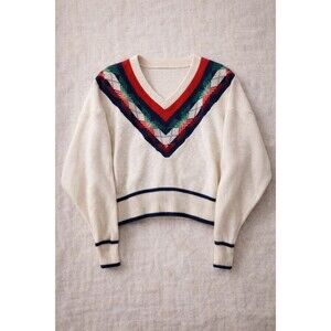 VTG Pandora 80s Cream Knit V-Neck Sweater Womens Large Retro Preppy Crop